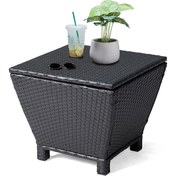 Neatifyes Outdoor Side Table, Rattan Coffee Table with Storage 13 Gallon Patio Small Deck Storage Box for Cushion Towel Books, Brown Side Table with lid