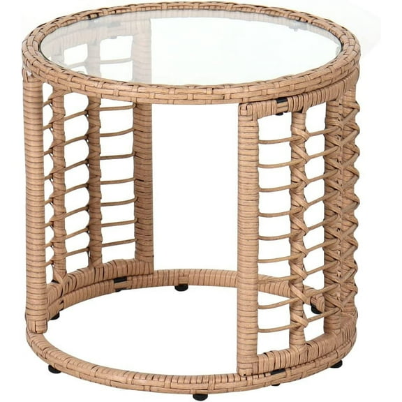 Neatifyes Outdoor Wicker Side Table, All-Weather Patio Rattan End Table with Glass Top, Round Coffee Table for Indoor Outdoor Backyard Lawn Balcony Pool