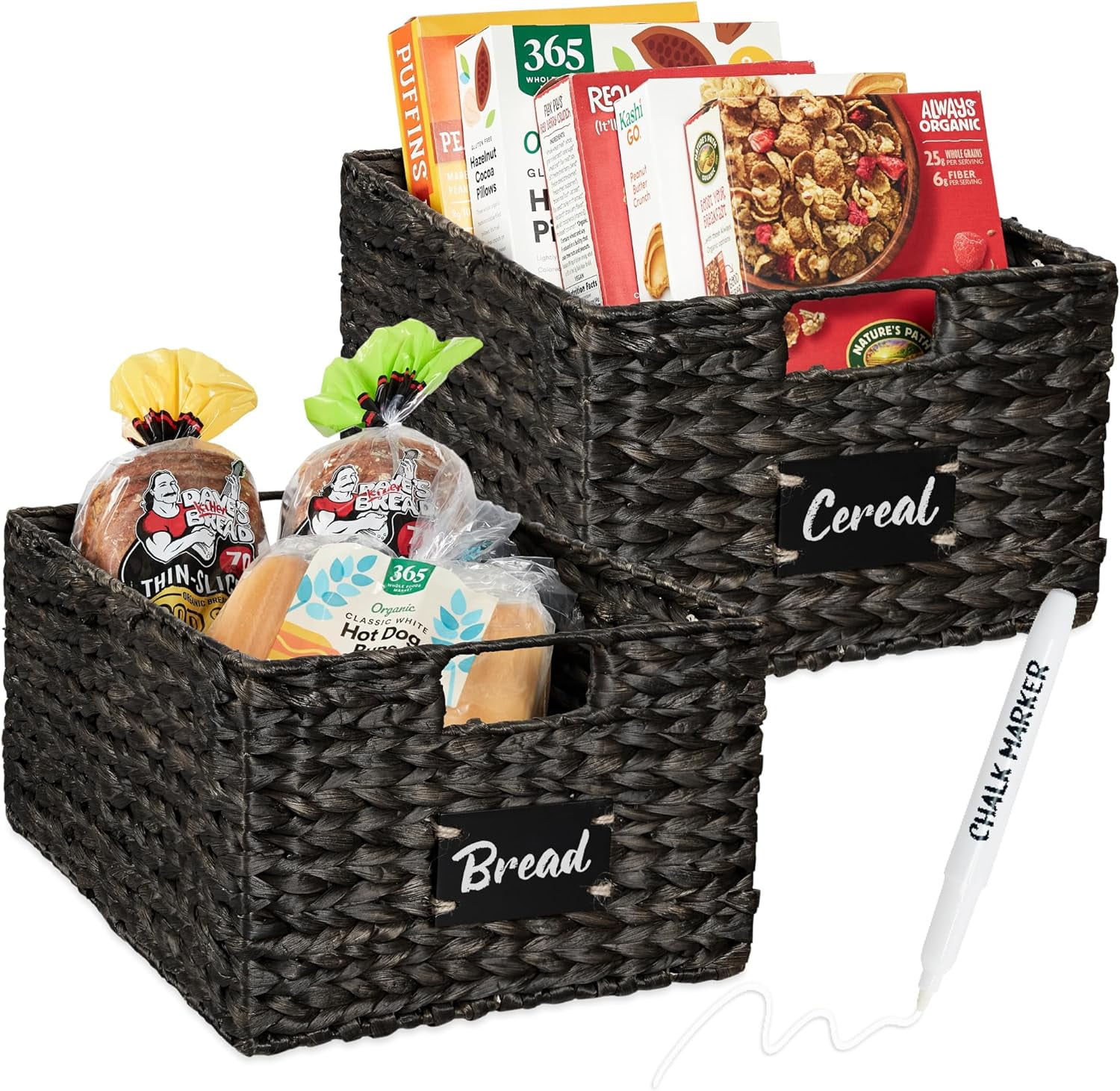 Neatifyes Pantry Baskets Set of 2 16x12in Water Hyacinth Storage Baskets, Woven Wicker Kitchen Organizers with handles w/Chalkboard Label Chalk Marker - Black