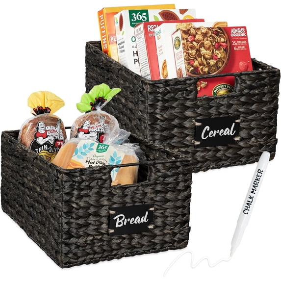Neatifyes Pantry Baskets Set of 2 16x12in Water Hyacinth Storage Baskets, Woven Wicker Kitchen Organizers with handles w/Chalkboard Label Chalk Marker - Black