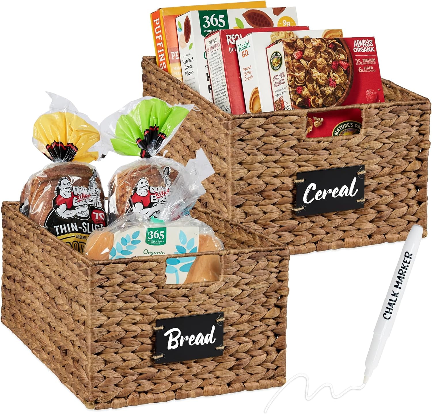 Neatifyes Pantry Baskets Set of 2 16x12in Water Hyacinth Storage Baskets, Woven Wicker Kitchen Organizers with handles w/Chalkboard Label Chalk Marker - Chestnut
