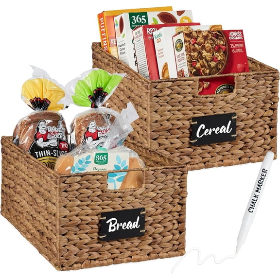 Neatifyes Pantry Baskets Set of 2 16x12in Water Hyacinth Storage Baskets, Woven Wicker Kitchen Organizers with handles w/Chalkboard Label Chalk Marker - Chestnut