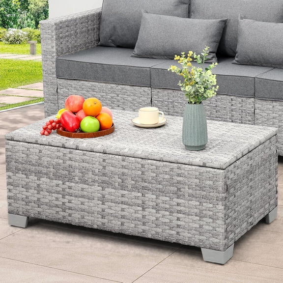 Neatifyes Patio Coffee Table PE Wicker Ourdoor Storage Table, All Weather Resin Rattan Table with Storage for Garden Backyard Porch Poolside, Grey