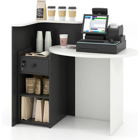 Neatifyes Reception Desk, Front Counter Desk with Lockable Drawer, Checkout Table with Round Tabletop, Corner Shelf & Adjustable Shelf for Office Beauty Salon Retail Store (Black & White)