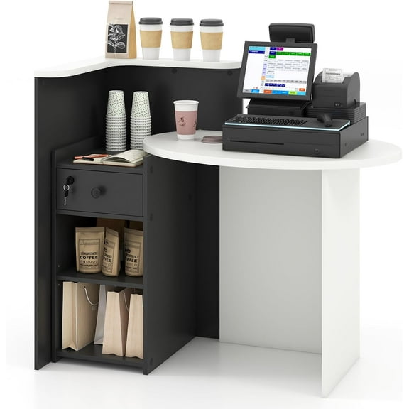 Neatifyes Reception Desk, Front Counter Desk with Lockable Drawer, Checkout Table with Round Tabletop, Corner Shelf & Adjustable Shelf for Office Beauty Salon Retail Store (Black & White)