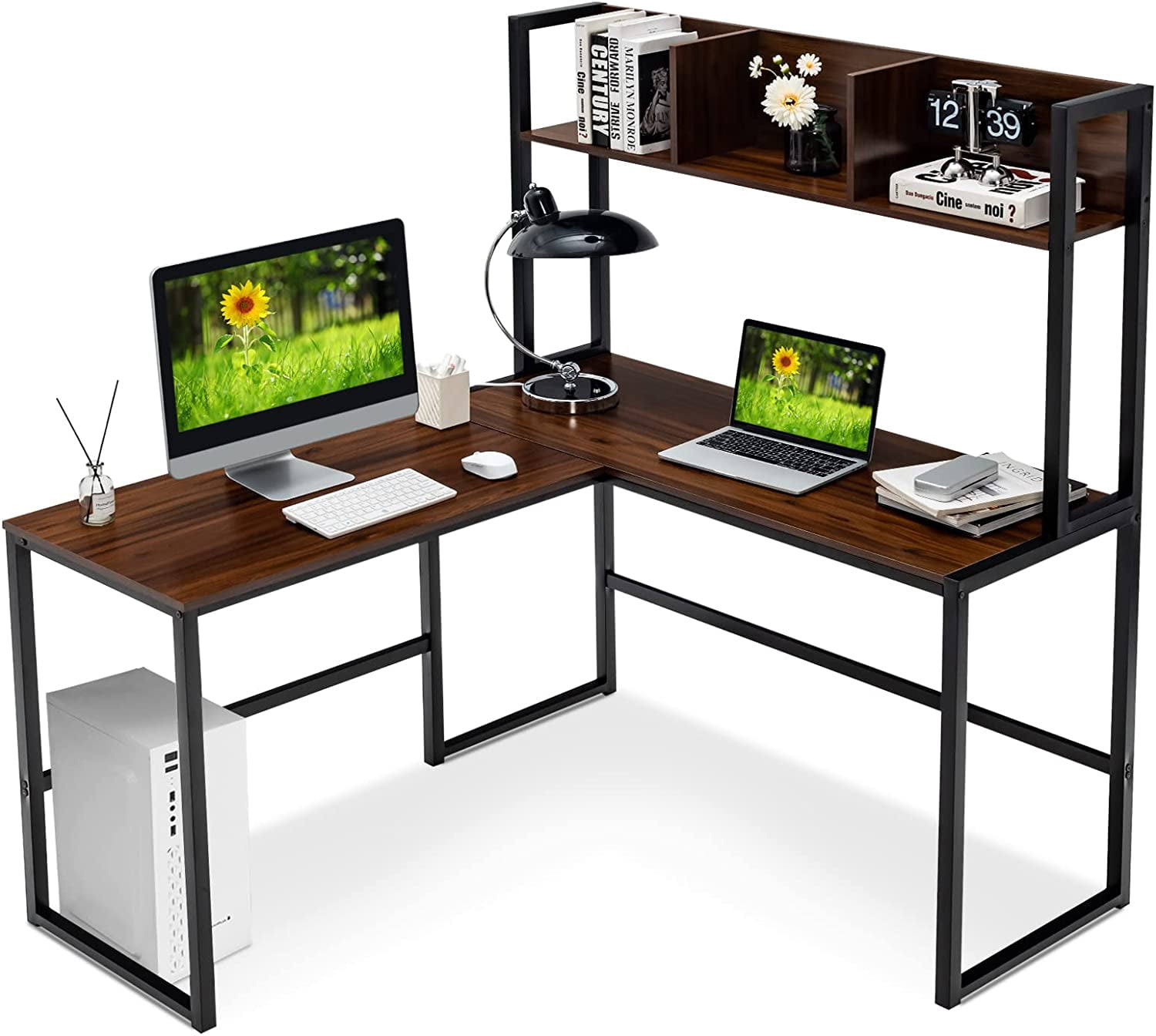 Neatifyes Reversible L-Shaped Desk with Hutch, Space Saving Corner Computer Desk with Storage Shelves, Home Office Study Writing Desk Computer Workstation with Storage Bookshelf, Gaming Desk
