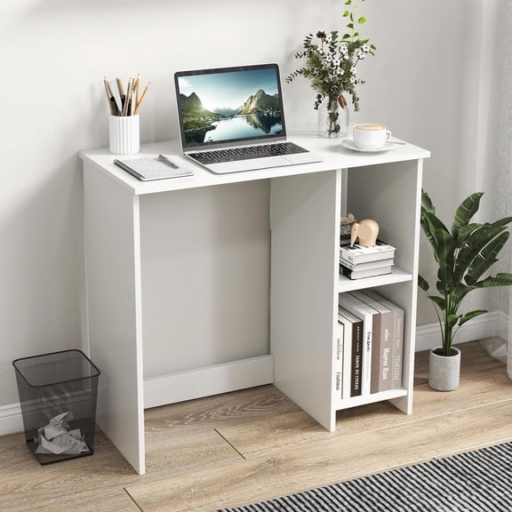 Neatifyes Small White Desk with Shelves, Compact Desk for Small Space, Study Writing Table with 2 Tier Shelves, Modern Simple Style Laptop PC Table, White