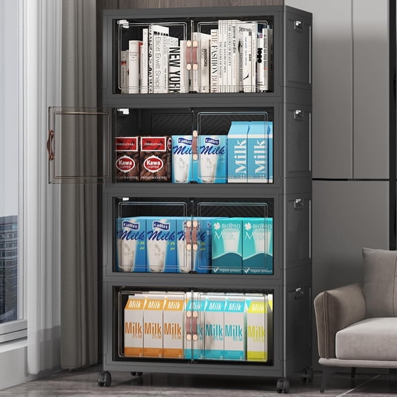 Neatifyes Stackable Storage Bins with Lids, Extra Large Plastic Organizer Cabinet Drawers, 192QT Collapsible Closet Containers with Doors and Wheels,For Bedroom, Kitchen, Office, Garage,(4Pack Cube)