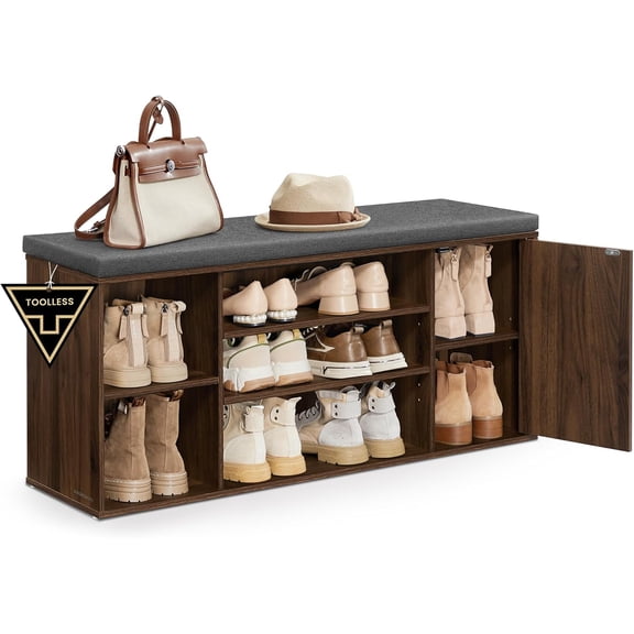 Neatifyes Storage Bench, Superfast Toolless Assembly, 41" Wide Entryway Shoe Bench with Cushion & Adjustable Shelves, Shoe Rack Cabinet, Natural Walnut and Slate Gray ULHS391KE04S