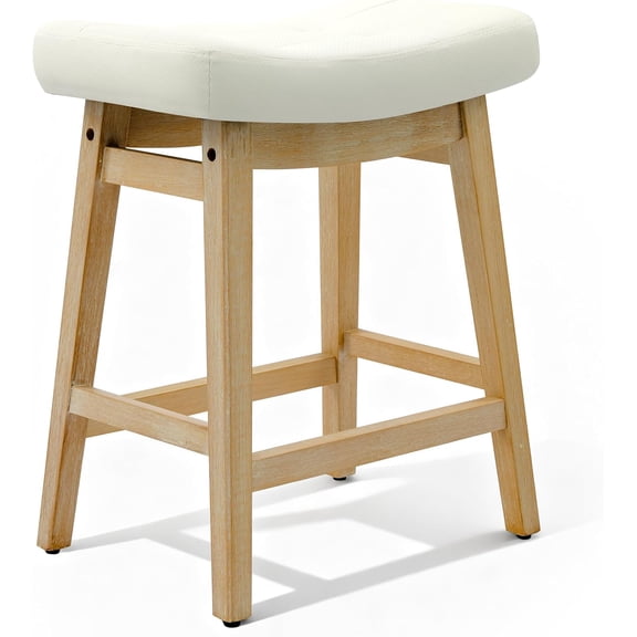 Neatifyes White Bar Stool for Kitchen Counter Island Counter Height Farmhouse Modern Island Barstool with Faux Leather Upholstered Backless Seat and Solid Wood Legs 24 inch Bar Chair