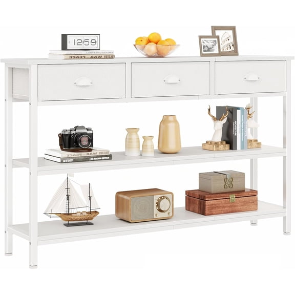 Neatifyes White Long 47" Console Sofa Table with 3 Drawers, Entryway Table with 3-Tier Storage Shelves, Display Shelf for Entry Way, Hallway, Couch, Living Room, Kitchen, Foyer
