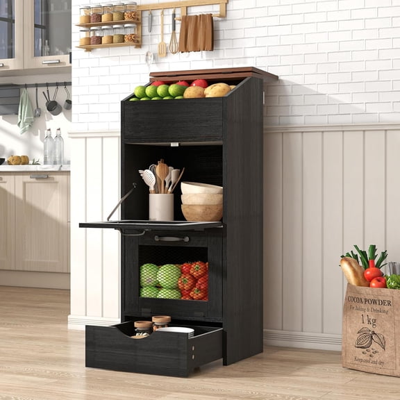 Neatifyes Wood Potato and Onion Storage Bin Box with Lid, 4-Tier Farmhouse Wooden Bread Box Cabinet with 2 Mesh Doors & Rolling Drawer, Large Vegetable Storage Bin Organizer for Kitchen Pantry Black