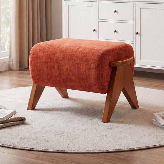NeatifyesLinen Padded footstools Mid Century Modern Ottoman with Wood Frame, Lounge Upholstered Ottoman, Reading Chair, Sturdy Base, Suitable for Resting Your feet on a Lounge Chair Orange