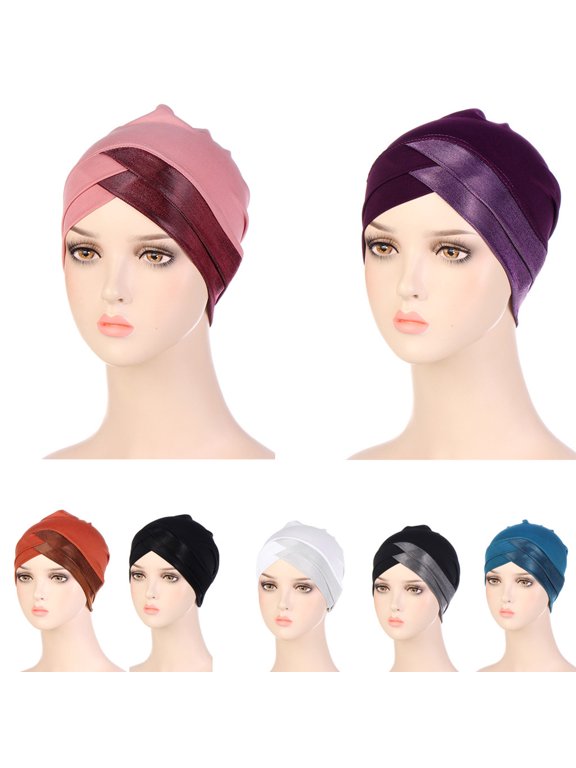 Color Block Turban Hat Stretch Under Cap Headwrap Muslim Hijab Undercap Indian Chemo Cap Soft Breathable Headwear for Women Daily Wear Black,One Size