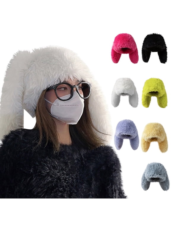 Women's Faux Fur Trapper Hat with Bunny Ears Long Pile Plush Ear Flaps Thick Warm Soft Stretchy Cute Headwear for Winter Cold Weather Daily Black,Free Size