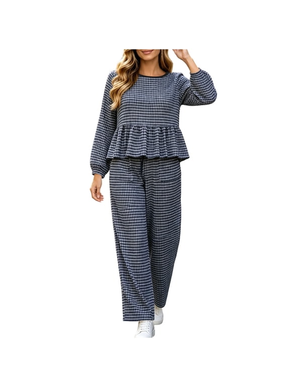 Women's Long Sleeve Gingham Peplum Crew Neck Top with Elastic Long Pants, 2 Piece Outfit Sets for Fall Winter Casual Loungewear Navy,M