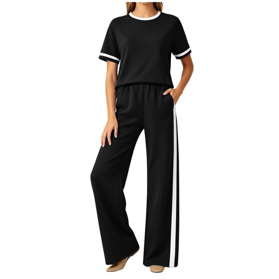 Neatlifepa Women's Short Sleeve Contrast Trim Crew Neck Top with Side Stripe Wide Leg Pants, 2 Piece Outfit Sets for Casual Athletic Daily Black,S