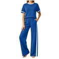 thumbnail image 1 of Neatlifepa Women's Short Sleeve Contrast Trim Crew Neck Top with Side Stripe Wide Leg Pants, 2 Piece Outfit Sets for Casual Athletic Daily Blue,XL, 1 of 6