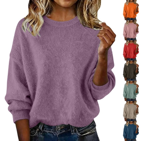 Neatlifepa Womens Crew Neck Fuzzy Chenille Knit Long Sleeve Ribbed Trim Oversized Pullover Sweater Fall Winter for Casual Daily Wear Brown,L