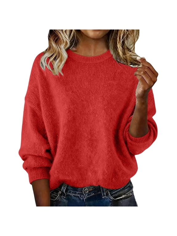 Womens Crew Neck Fuzzy Chenille Knit Long Sleeve Ribbed Trim Oversized Pullover Sweater Fall Winter for Casual Daily Wear Red,S