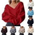 thumbnail image 1 of Neatlifepa Womens Deep V-Neck Wrap Front Batwing Bishop Sleeve Cropped Ribbed Knit Sweater Fall Winter for Casual Night Out Wear Beige,L, 1 of 7