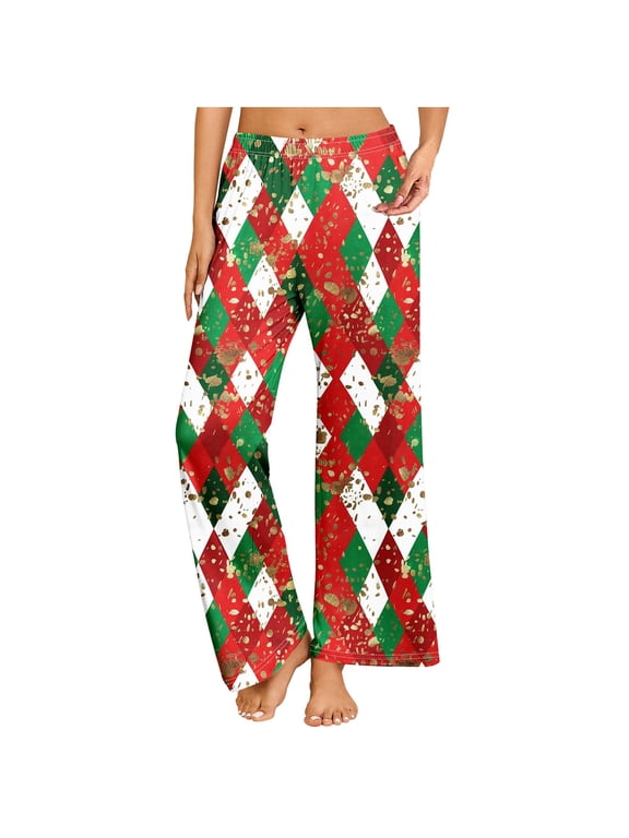 Womens Gold Argyle Print Cozy Soft Comfortable Elastic Waist Wide Leg Full Length Relaxed Fit Casual Fashion Pajama Pants for Christmas Holiday Sleep Multicolor,M
