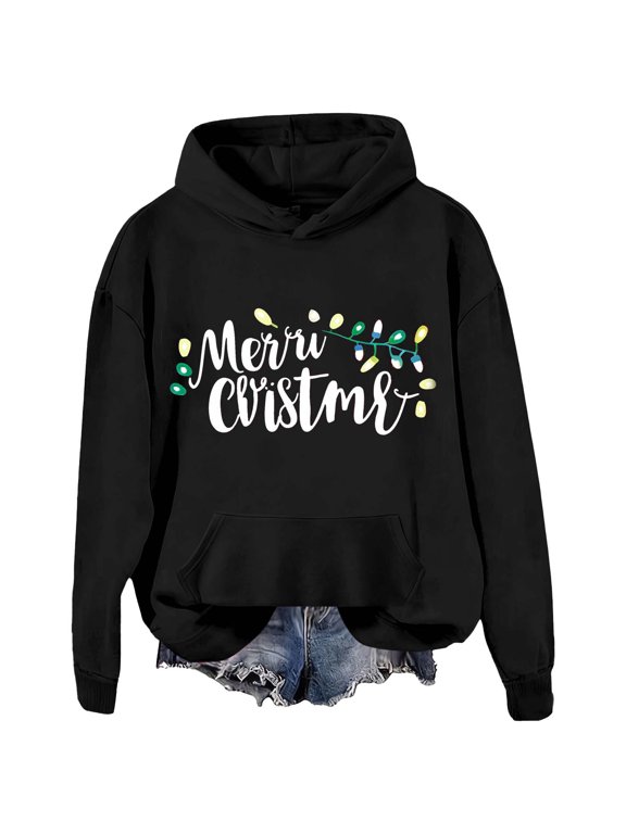 Womens Merry Christmas String Lights Hoodie Pullover Cozy Holiday Top for Christmas Party Black,L