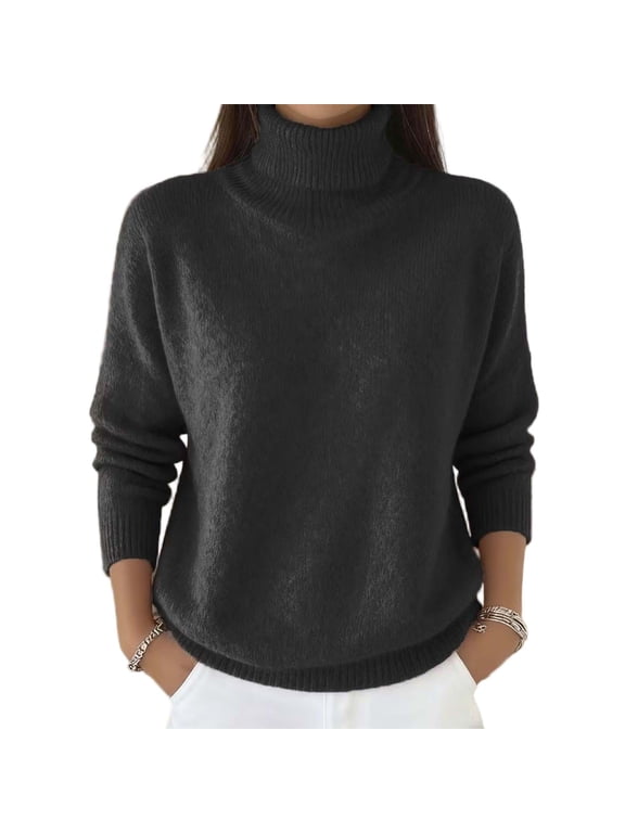Womens Turtleneck Fuzzy Chenille Knit Long Sleeve Ribbed Trim Relaxed Fit Pullover Sweater Fall Winter for Casual Daily Wear Black,S
