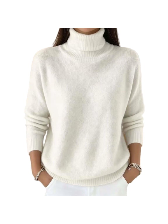 Womens Turtleneck Fuzzy Chenille Knit Long Sleeve Ribbed Trim Relaxed Fit Pullover Sweater Fall Winter for Casual Daily Wear White,XXL