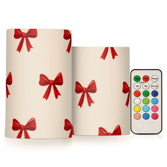 Neatly Red Bows Flickering Flameless Candles LED Tealight Battery Operated with Remote Set of 2 Holiday Decor Ornaments