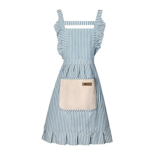 Nebesheii Vintage Pinafore Apron Dress for Women with Pockets Cute Floral Chef Aprons for Kitchen Cooking Baking Gardening (Blue)