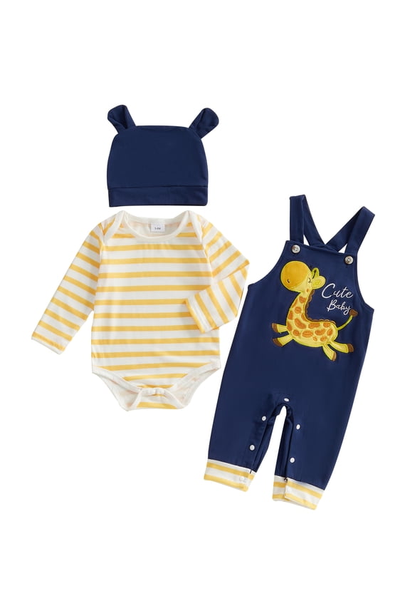 Neborn Baby Girl Spring Fall Outfit Striped Long Sleeve Romper Giraffe Embroidery Overall Pants Hat 0 3 6 9 12 18 Months Cute Clohtes Set