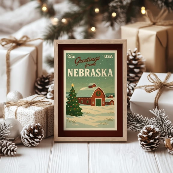 Nebraska Christmas Postcard Wall Art Print, Retro Holiday, Vintage Style State, Mid Century Christmas Decor #586, Unframed Poster Size 12x18