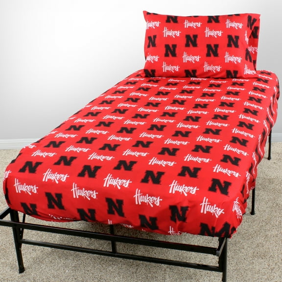 Nebraska Cornhuskers 100% cotton, 4 piece sheet set - flat sheet, fitted sheet, 2 pillow cases, Full, Team Colors