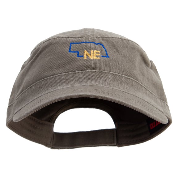 Nebraska Map Outline Embroidered Garment Washed Adjustable Army Cap - Olive Green OSFM