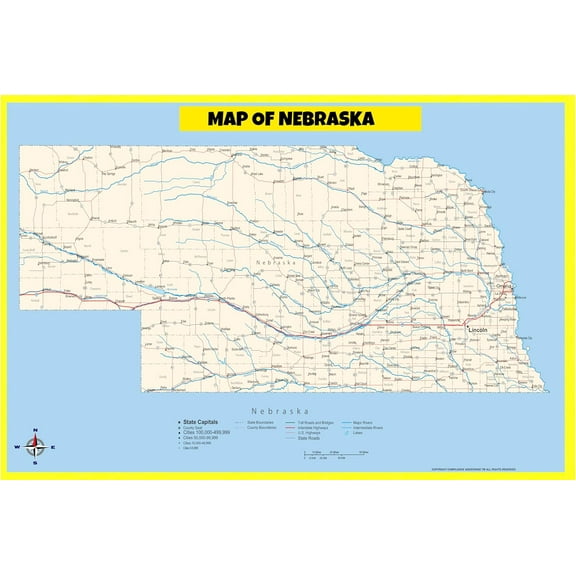 Nebraska Map Poster - Laminated Wall Map - Style B - 24x36 - Ideal for Classrooms and Homes – Features Bright Colors and Vivid Imagery