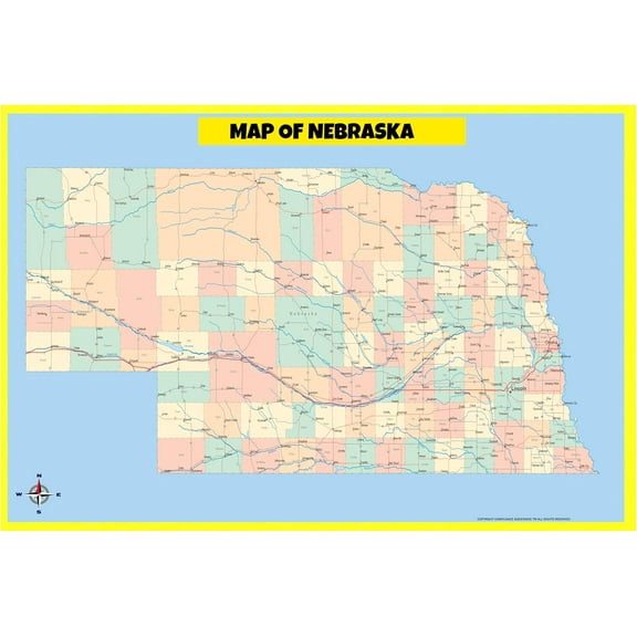 Nebraska Map Poster - Laminated Wall Map - Style D - 18x24 - Ideal for Classrooms and Homes – Features Bright Colors and Vivid Imagery