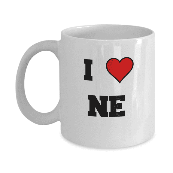 Nebraska Mug, I Love Nebraska NE Abbreviation USA States White Ceramic Cup 11 oz