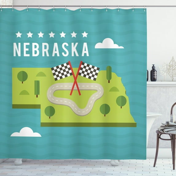 Nebraska Shower Curtain, Map of Nebraska State Flags Road and Green Trees American Landmark, Fabric Bathroom Set with Hooks, 69W X 75L Inches Long, Turquoise and Multicolor, by Ambesonne