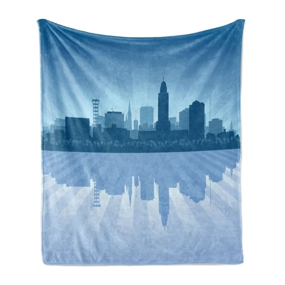 Nebraska Soft Flannel Fleece Blanket, Lincoln City Skyline Silhouette Illustration in Blue Metropolis Buildings, Cozy Plush for Indoor and Outdoor Use, 50" x 60", Blue and Ceil Blue, by Ambesonne