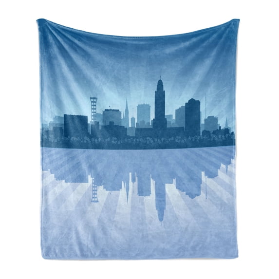 Nebraska Soft Flannel Fleece Blanket, Lincoln City Skyline Silhouette Illustration in Blue Metropolis Buildings, Cozy Plush for Indoor and Outdoor Use, 50" x 70", Blue and Ceil Blue, by Ambesonne