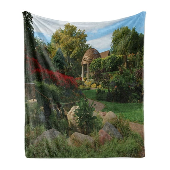 Nebraska Soft Flannel Fleece Throw Blanket, Picture of a Gazebo at the Sunken Gardens in Lincoln City Blooming Green Nature, Cozy Plush for Indoor and Outdoor Use, 50" x 70", Multicolor, by Ambesonne