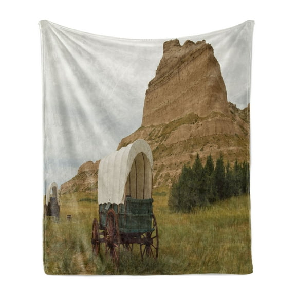 Nebraska Soft Flannel Fleece Throw Blanket, Rural Historic Landscape Picture with Vintage Covered Wagon and Rock Formation, Cozy Plush for Indoor and Outdoor Use, 60" x 80", Multicolor, by Ambesonne