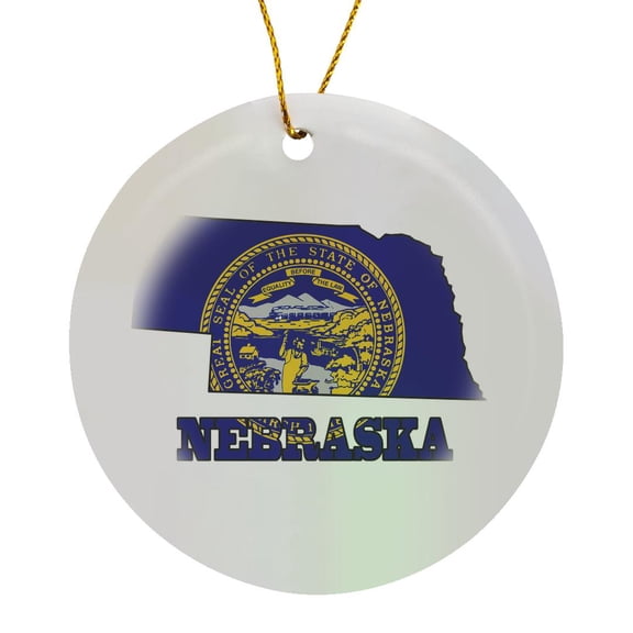 Nebraska State Flag In The Outline Map And Letters For Nebraska, Circle Porcelain Ornament