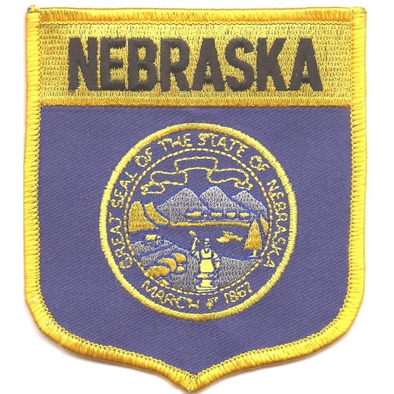 Nebraska State Shield Patch; Measure 3 1/8'" x 3 1/2", Embroidered Iron On or Sew On Shield Patch Flag Emblem