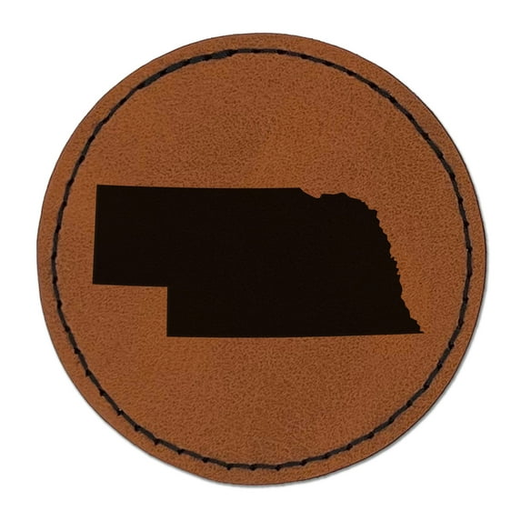 Nebraska State Silhouette 2.5" Faux Leather Round Engraved Iron-On Patch - Brown