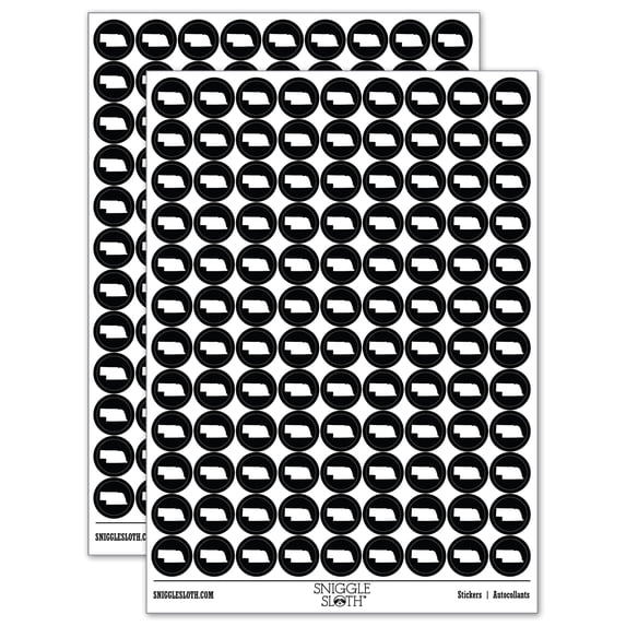 Nebraska State Silhouette 200+ Round Stickers - Black - Gloss Finish - 0.50" Size