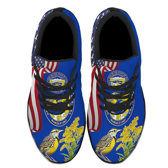 Nebraska Stte Meadowlark Bird and Goldenrod Flower Shoes Sneakers Black Size 11.5