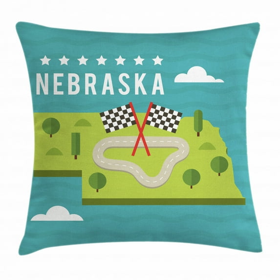 Nebraska Throw Pillow Cushion Cover, Map of Nebraska State Flags Road and Green Trees American Landmark, Decorative Square Accent Pillow Case, 16 X 16 Inches, Turquoise and Multicolor, by Ambesonne