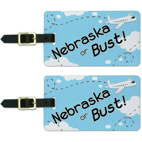 Nebraska or Bust Flying Airplane Luggage Suitcase Carry-On ID Tags, Set of 2